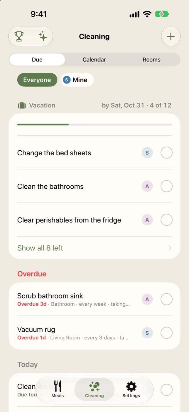 Upkeep's cleaning list with overdue and due-today chores