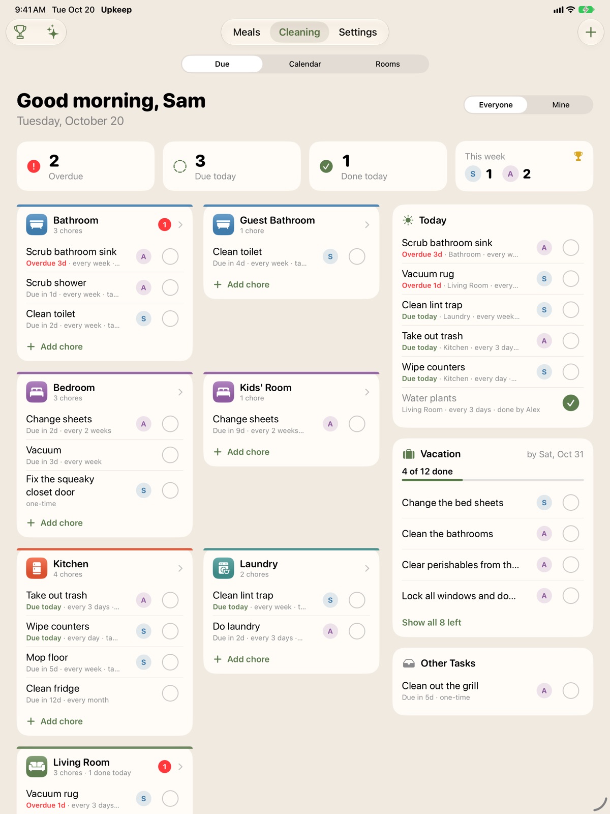 Upkeep's iPad cleaning dashboard with a card for every room